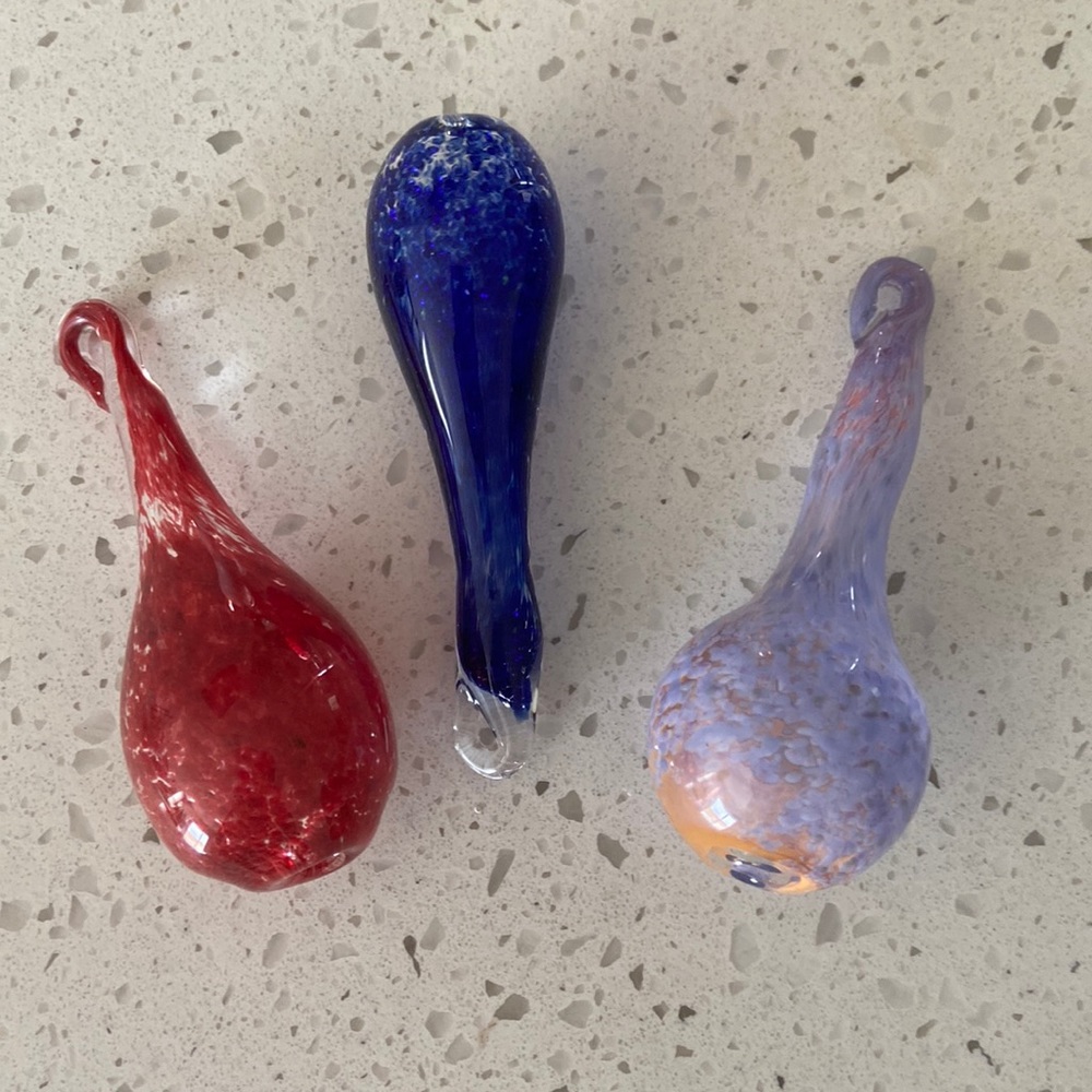 Handmade blown glass ornaments.